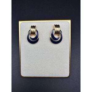 VINTAGE TRIFARI EARRINGS ENAMEL LOOP AQUA BLUE POST BACKING GOLD TONE - MARKED